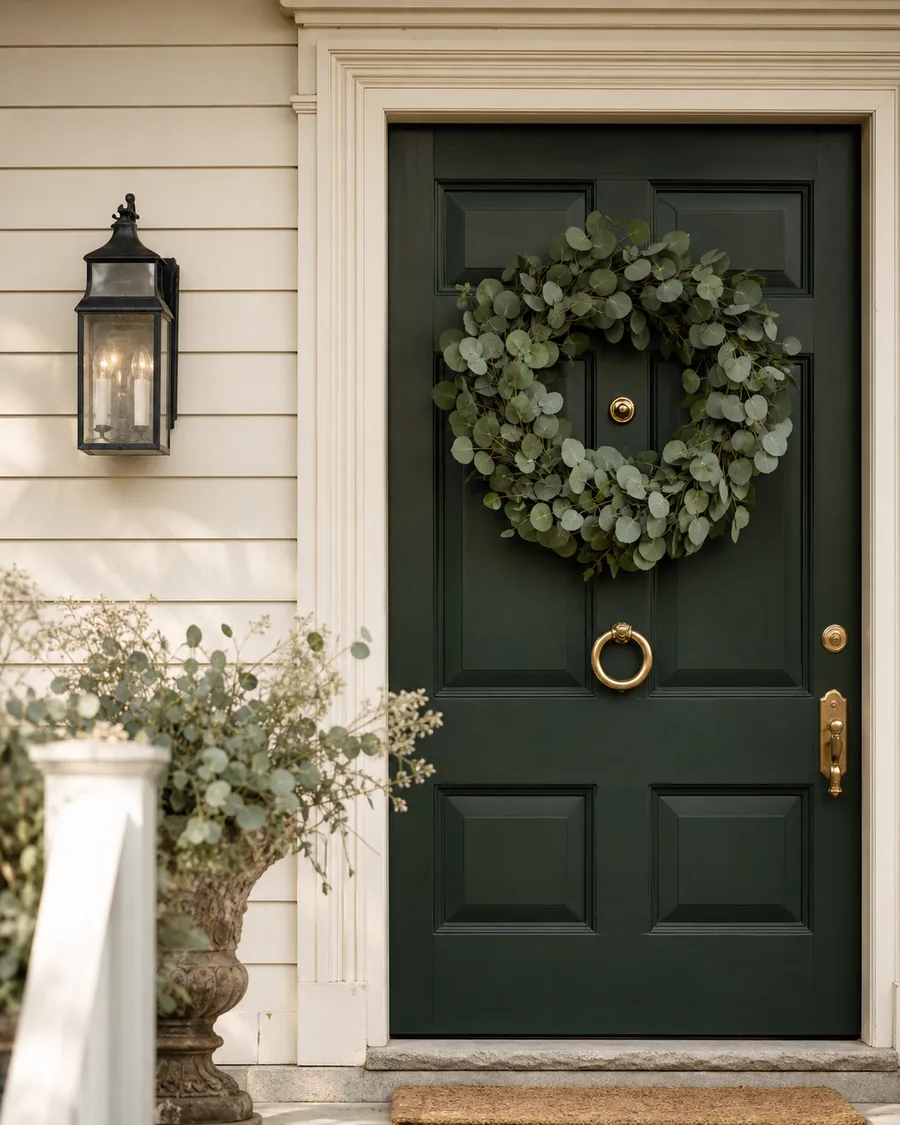 Deep evergreen front door with polished brass knocker and a fresh eucalyptus wreath