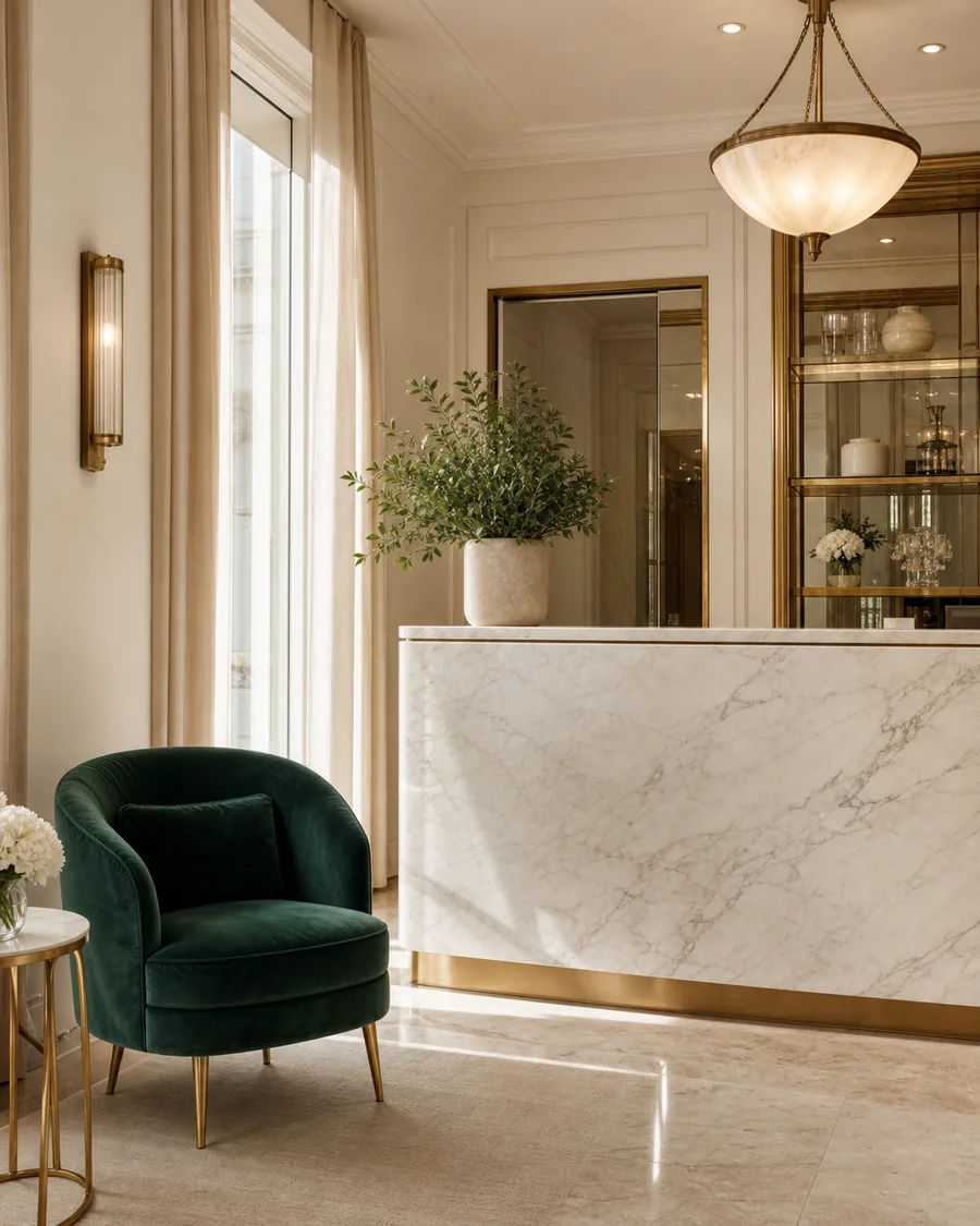 Upscale boutique reception with evergreen velvet chair and polished marble counter