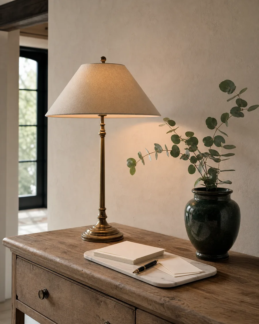 Entryway console with glowing brass lamp, linen note cards and eucalyptus stem