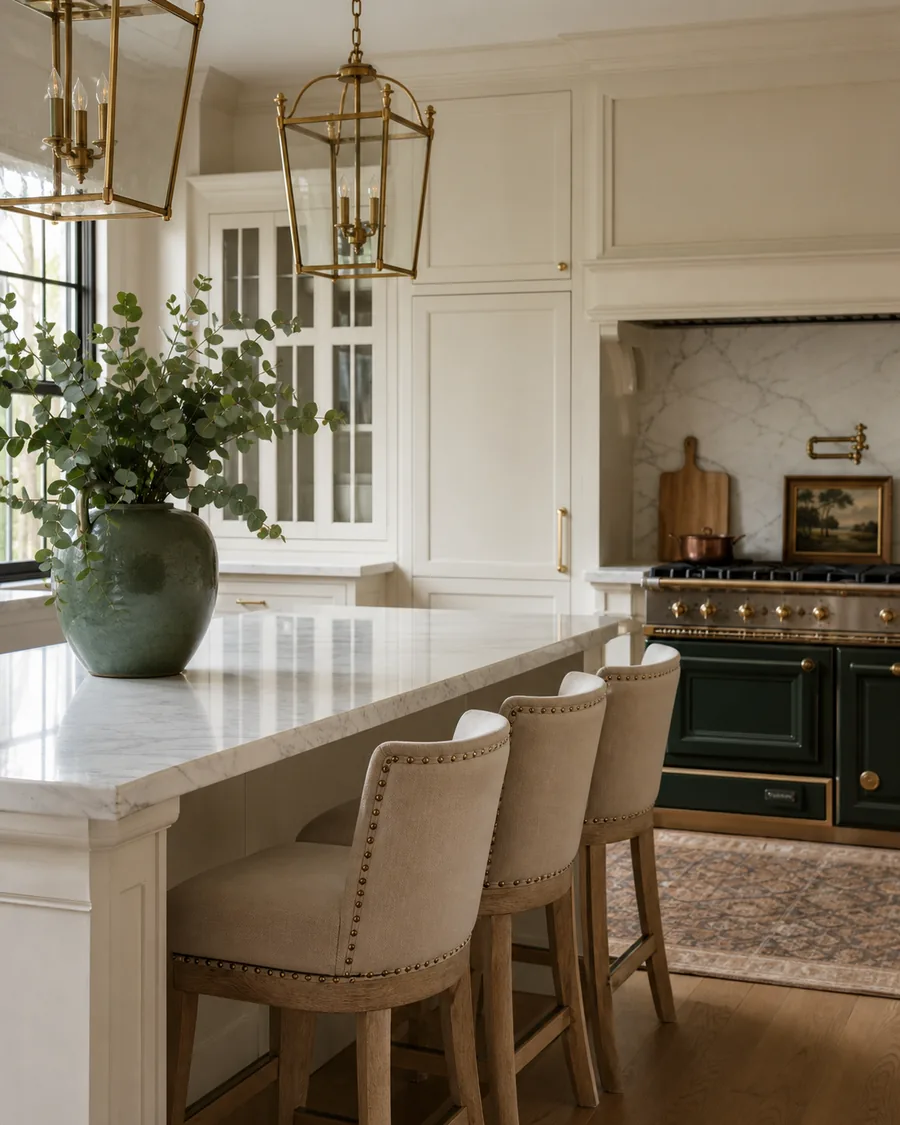 Bright, freshly detailed kitchen with warm ivory cabinetry and brass fixtures