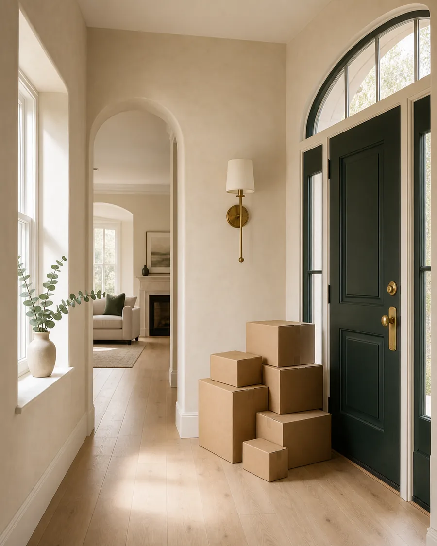Bright, immaculate entryway with neatly stacked moving boxes by the door