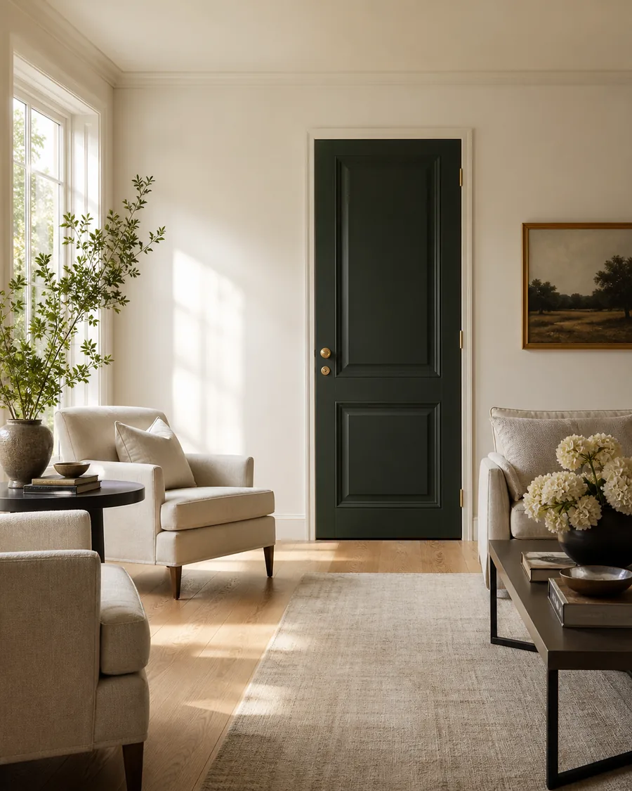 Newly finished bright room with white-oak floors and a deep evergreen accent door