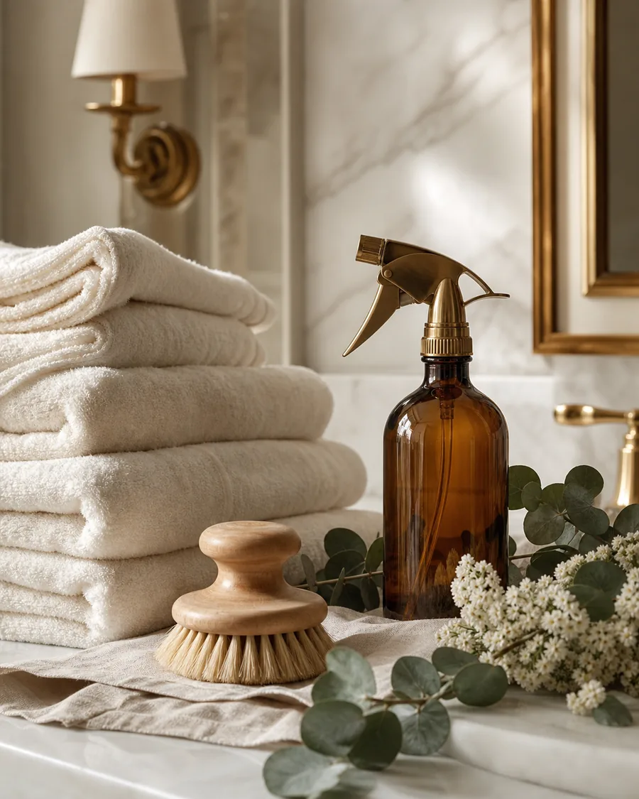 Folded cream towels, amber glass spray bottle and eucalyptus arranged on ivory linen
